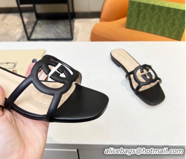 Good Product Gucci Leather Flat Slide Sandals with Cutout GG Black 916052