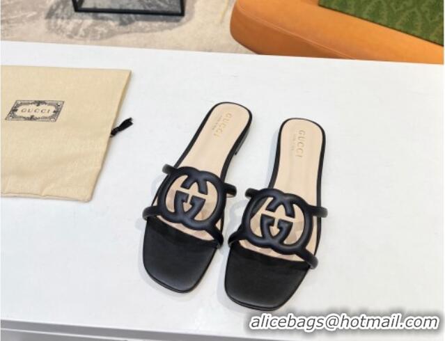 Good Product Gucci Leather Flat Slide Sandals with Cutout GG Black 916052