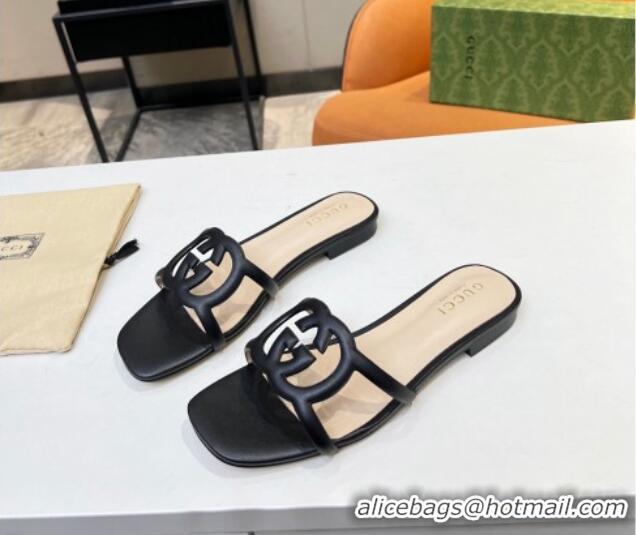 Good Product Gucci Leather Flat Slide Sandals with Cutout GG Black 916052