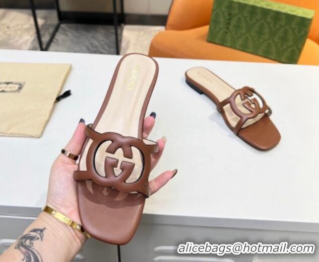 Top Sales Gucci Leather Flat Slide Sandals with Cutout GG Brown 916053