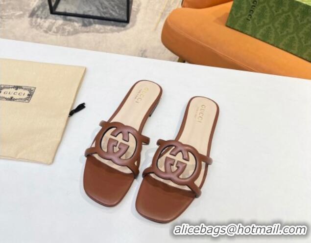 Top Sales Gucci Leather Flat Slide Sandals with Cutout GG Brown 916053