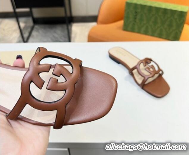 Top Sales Gucci Leather Flat Slide Sandals with Cutout GG Brown 916053