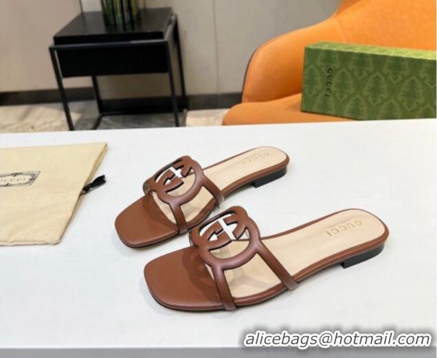 Top Sales Gucci Leather Flat Slide Sandals with Cutout GG Brown 916053