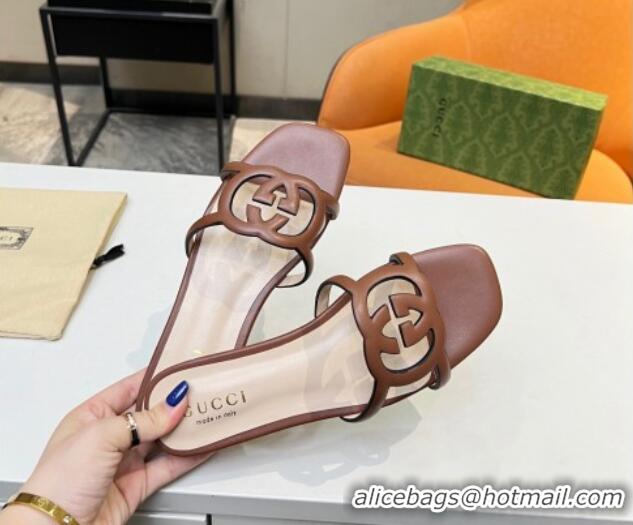 Top Sales Gucci Leather Flat Slide Sandals with Cutout GG Brown 916053