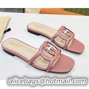 Best Price Gucci Leather Flat Slide Sandals with Cutout GG Light Pink 916054