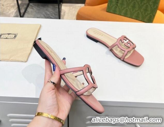 Best Price Gucci Leather Flat Slide Sandals with Cutout GG Light Pink 916054