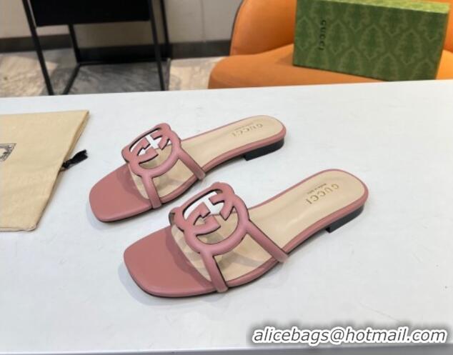 Best Price Gucci Leather Flat Slide Sandals with Cutout GG Light Pink 916054