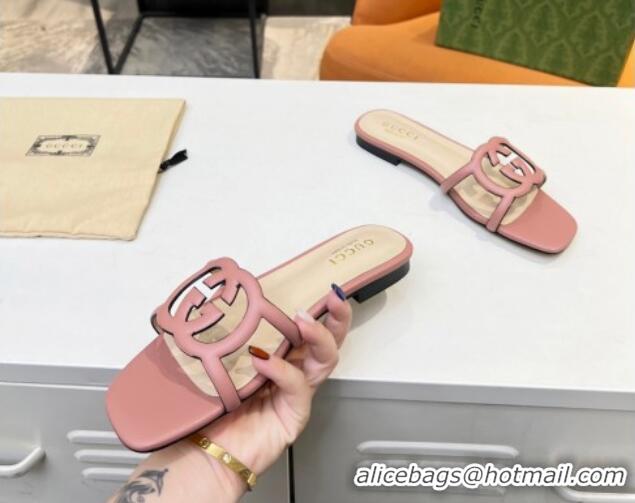 Best Price Gucci Leather Flat Slide Sandals with Cutout GG Light Pink 916054