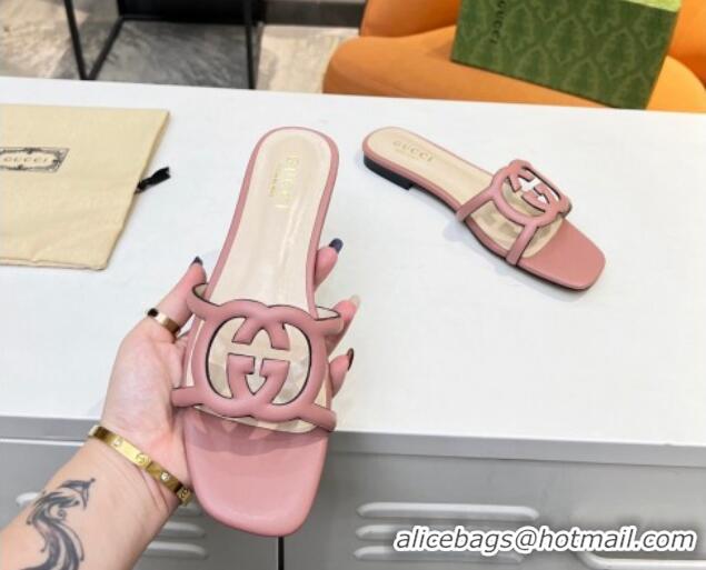 Best Price Gucci Leather Flat Slide Sandals with Cutout GG Light Pink 916054