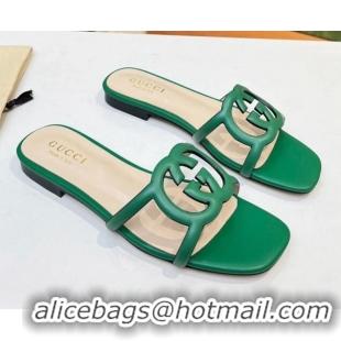 Good Quality Gucci Leather Flat Slide Sandals with Cutout GG Green 916055