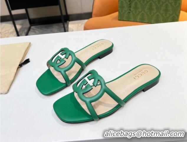 Good Quality Gucci Leather Flat Slide Sandals with Cutout GG Green 916055