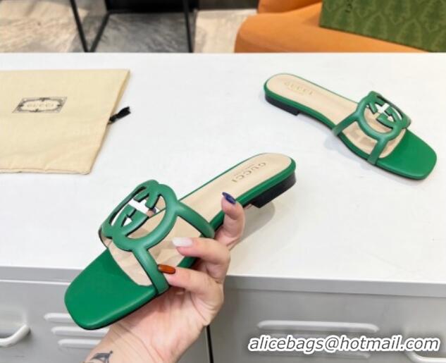 Good Quality Gucci Leather Flat Slide Sandals with Cutout GG Green 916055