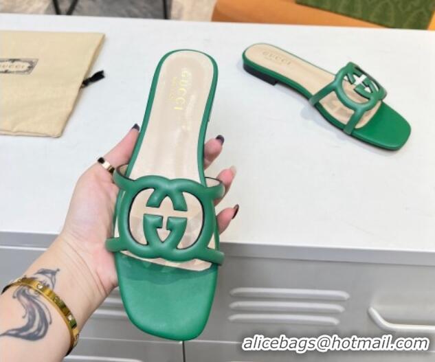 Good Quality Gucci Leather Flat Slide Sandals with Cutout GG Green 916055