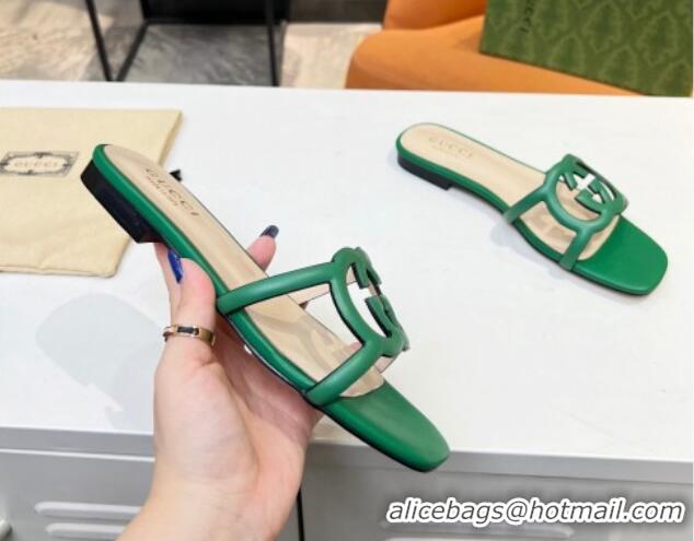 Good Quality Gucci Leather Flat Slide Sandals with Cutout GG Green 916055