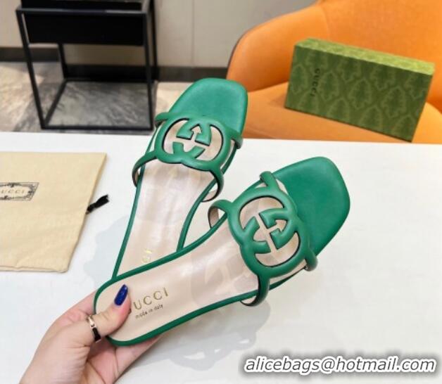 Good Quality Gucci Leather Flat Slide Sandals with Cutout GG Green 916055