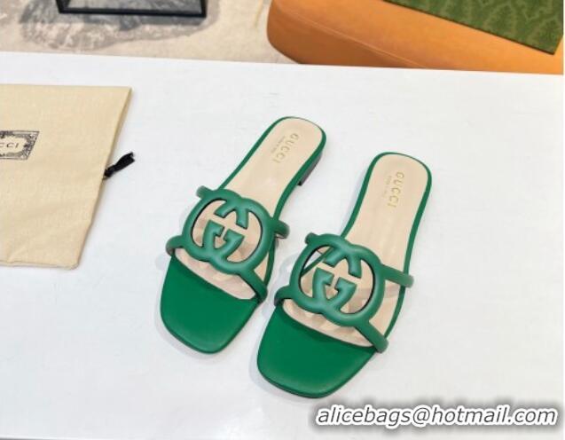 Good Quality Gucci Leather Flat Slide Sandals with Cutout GG Green 916055