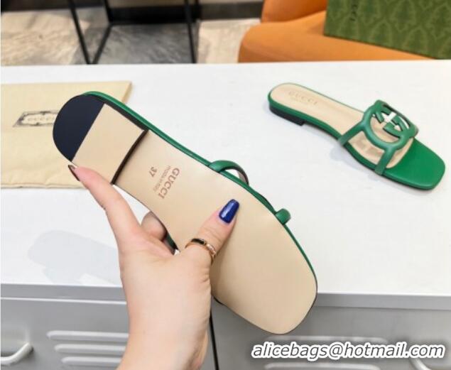 Good Quality Gucci Leather Flat Slide Sandals with Cutout GG Green 916055