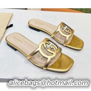 Best Luxury Gucci Leather Flat Slide Sandals with Cutout GG Gold 916056