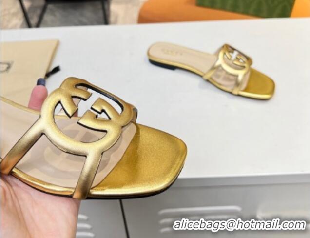 Best Luxury Gucci Leather Flat Slide Sandals with Cutout GG Gold 916056