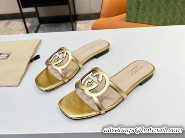 Best Luxury Gucci Leather Flat Slide Sandals with Cutout GG Gold 916056