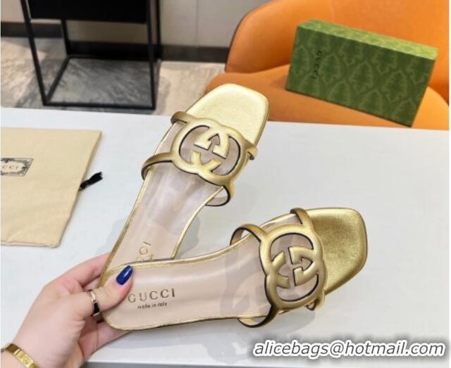 Best Luxury Gucci Leather Flat Slide Sandals with Cutout GG Gold 916056