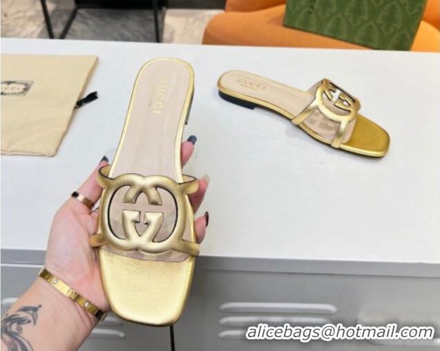 Best Luxury Gucci Leather Flat Slide Sandals with Cutout GG Gold 916056