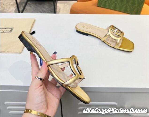 Best Luxury Gucci Leather Flat Slide Sandals with Cutout GG Gold 916056