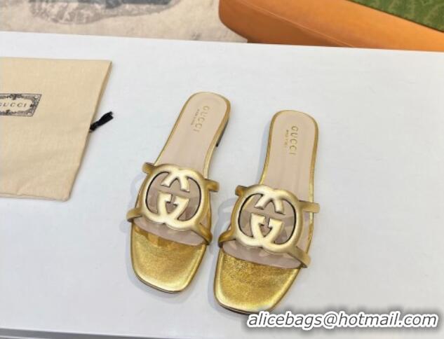 Best Luxury Gucci Leather Flat Slide Sandals with Cutout GG Gold 916056