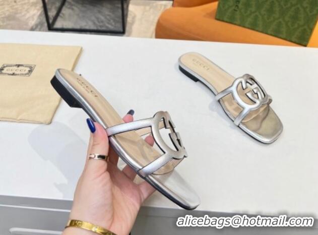 Super Quality Gucci Leather Flat Slide Sandals with Cutout GG Silver 916057