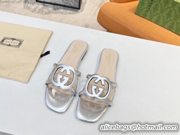 Super Quality Gucci Leather Flat Slide Sandals with Cutout GG Silver 916057