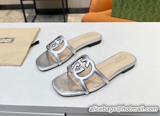 Super Quality Gucci Leather Flat Slide Sandals with Cutout GG Silver 916057