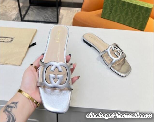 Super Quality Gucci Leather Flat Slide Sandals with Cutout GG Silver 916057