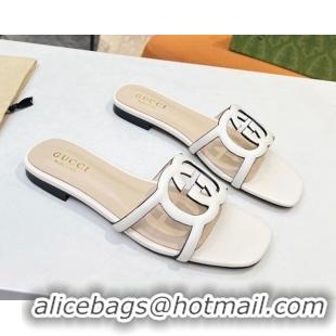 Top Quality Gucci Leather Flat Slide Sandals with Cutout GG White 916058