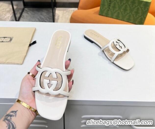 Top Quality Gucci Leather Flat Slide Sandals with Cutout GG White 916058