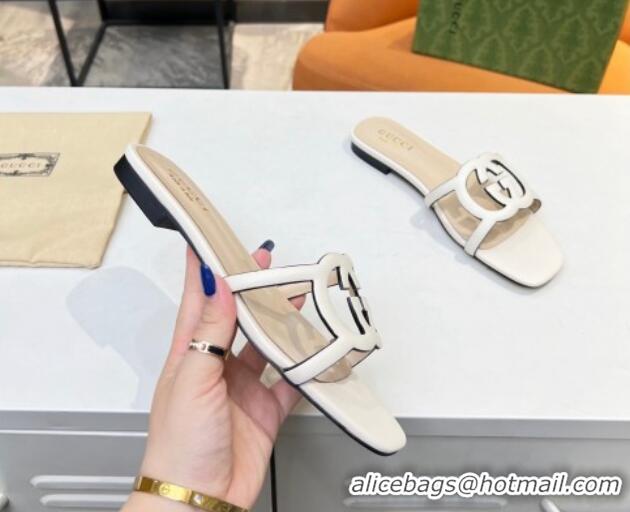 Top Quality Gucci Leather Flat Slide Sandals with Cutout GG White 916058