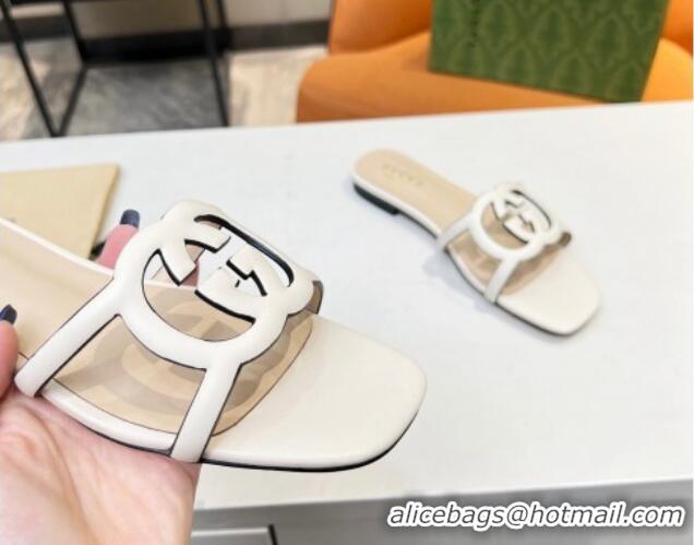 Top Quality Gucci Leather Flat Slide Sandals with Cutout GG White 916058