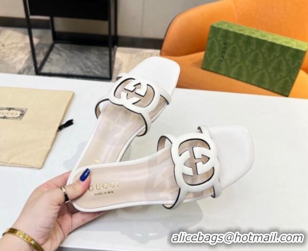 Top Quality Gucci Leather Flat Slide Sandals with Cutout GG White 916058