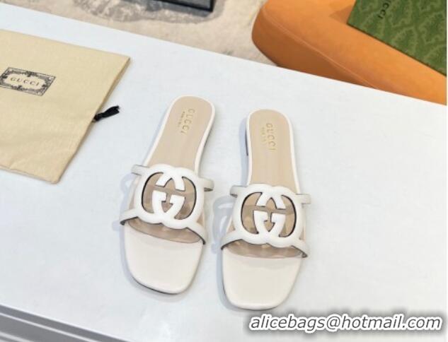 Top Quality Gucci Leather Flat Slide Sandals with Cutout GG White 916058