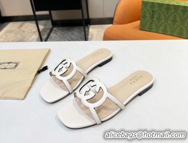 Top Quality Gucci Leather Flat Slide Sandals with Cutout GG White 916058