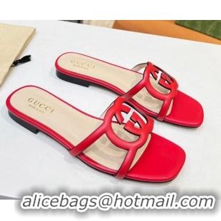 Perfect Gucci Leather Flat Slide Sandals with Cutout GG Red 916059