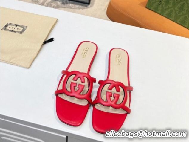 Perfect Gucci Leather Flat Slide Sandals with Cutout GG Red 916059