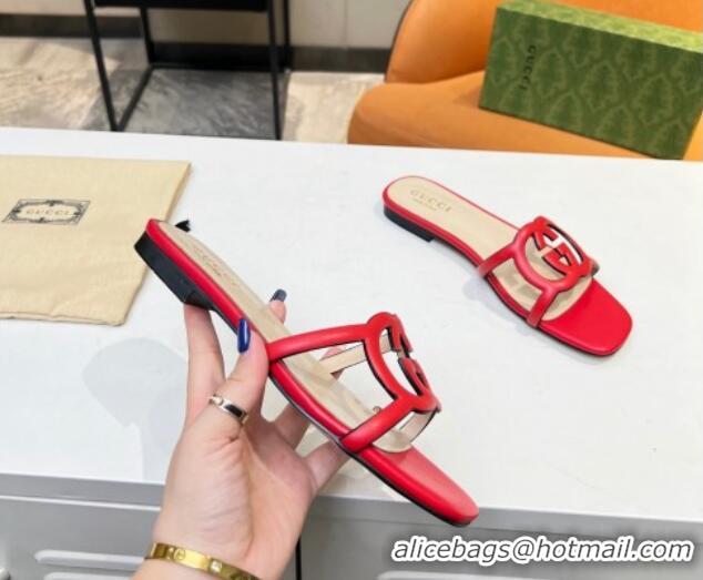 Perfect Gucci Leather Flat Slide Sandals with Cutout GG Red 916059