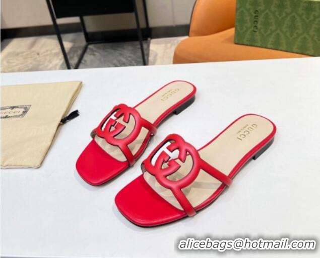 Perfect Gucci Leather Flat Slide Sandals with Cutout GG Red 916059