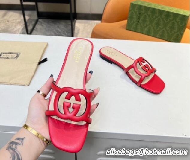 Perfect Gucci Leather Flat Slide Sandals with Cutout GG Red 916059