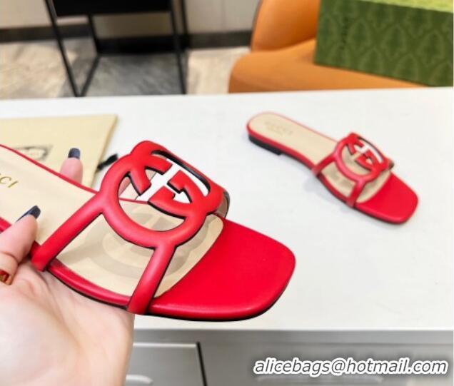 Perfect Gucci Leather Flat Slide Sandals with Cutout GG Red 916059