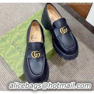 Popular StyleGucci Jumbo Leather Platform Loafers 3.5cm with GG Band Black 916061