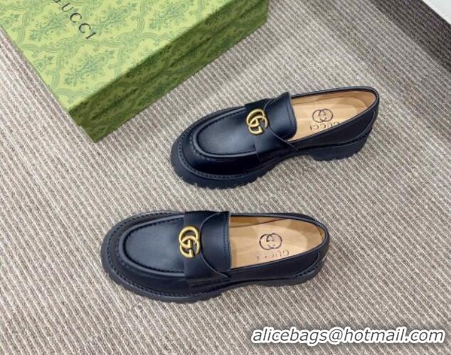 Popular StyleGucci Jumbo Leather Platform Loafers 3.5cm with GG Band Black 916061