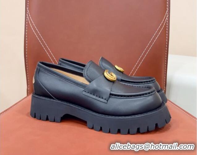 Popular StyleGucci Jumbo Leather Platform Loafers 3.5cm with GG Band Black 916061