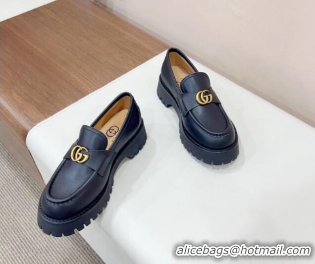 Popular StyleGucci Jumbo Leather Platform Loafers 3.5cm with GG Band Black 916061