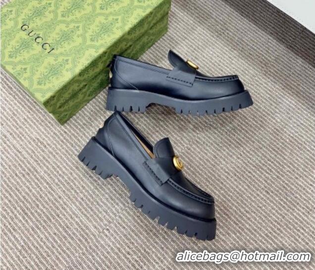 Popular StyleGucci Jumbo Leather Platform Loafers 3.5cm with GG Band Black 916061